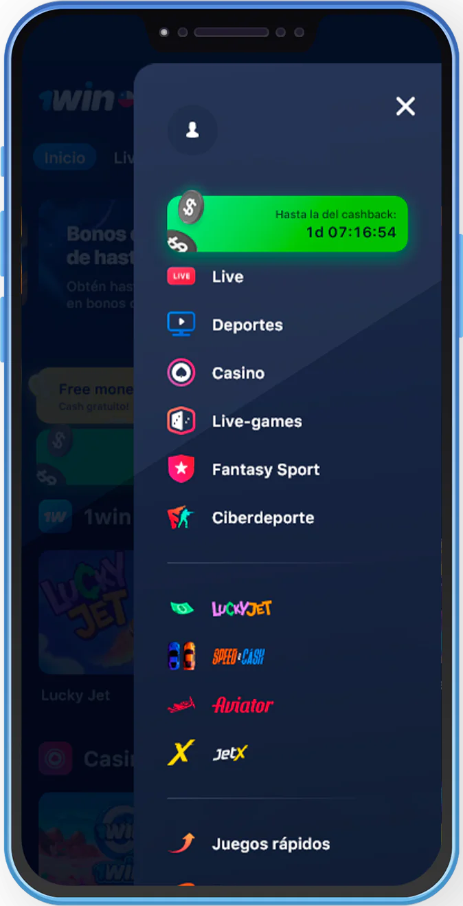 Captura de pantalla del menú principal de la aplicación móvil 1Win