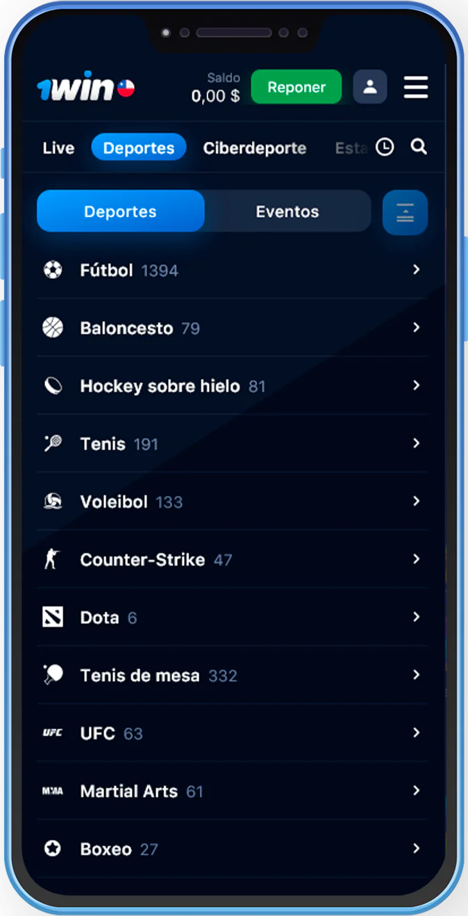 Captura de pantalla de deportes para apostar en la aplicación móvil 1Win