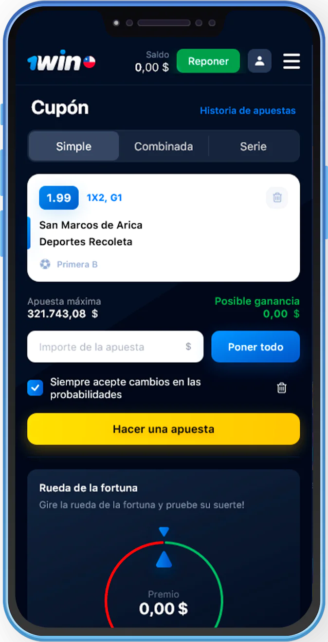 Captura de pantalla del proceso de apuestas deportivas en la aplicación 1Win