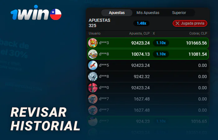 Consulta el historial de apuestas de Aviator 1Win en línea